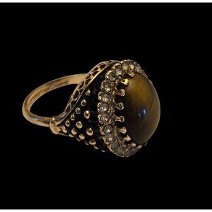 Vintage Tigers Eye Ring Cabochon Rhinestone Halo Cocktail 18 GE Espo Gold-Tone S